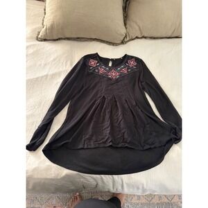 Alchemy Embroidered Tunic Top Black Long Sleeve High Low Hem‎ Flowy Blouse